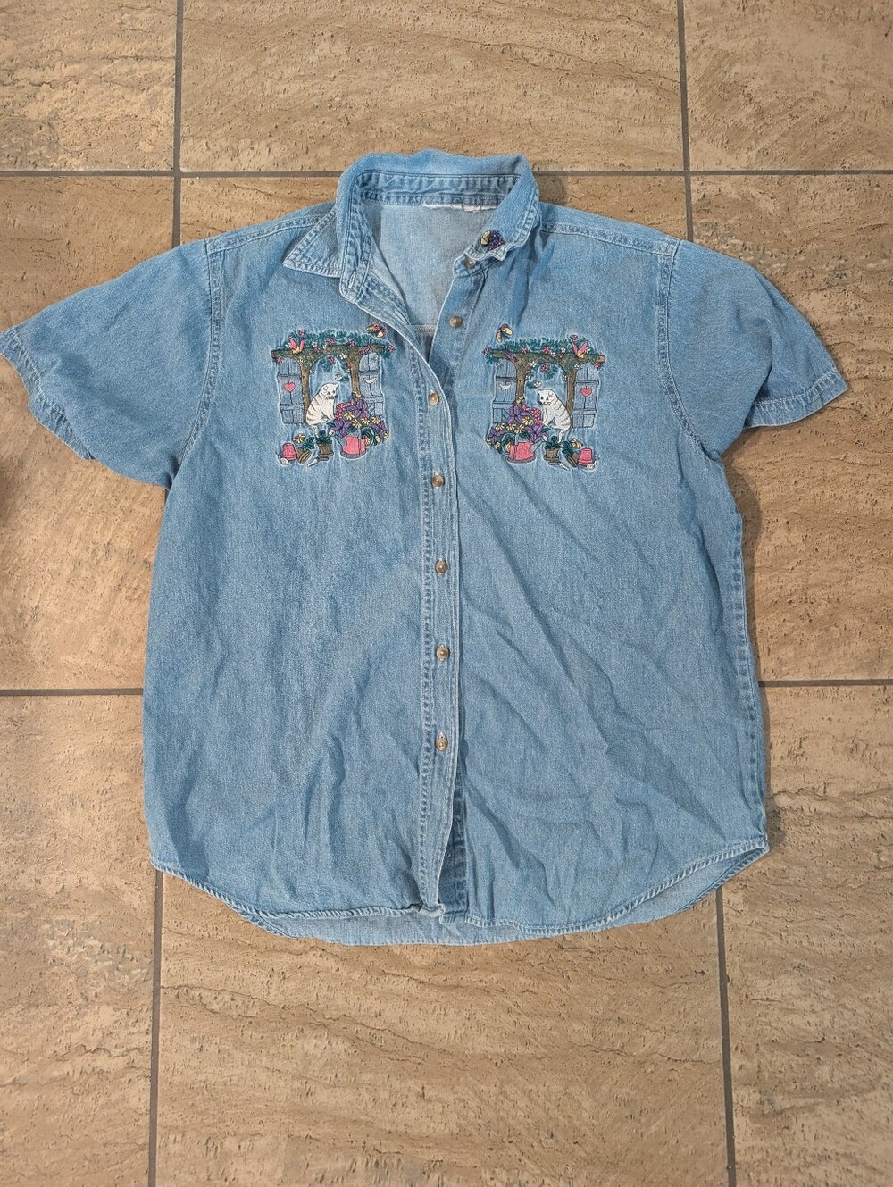 Vintage Bobbie Brooks Blue Denim Shirt Sleeve Top With Embroidered Cats